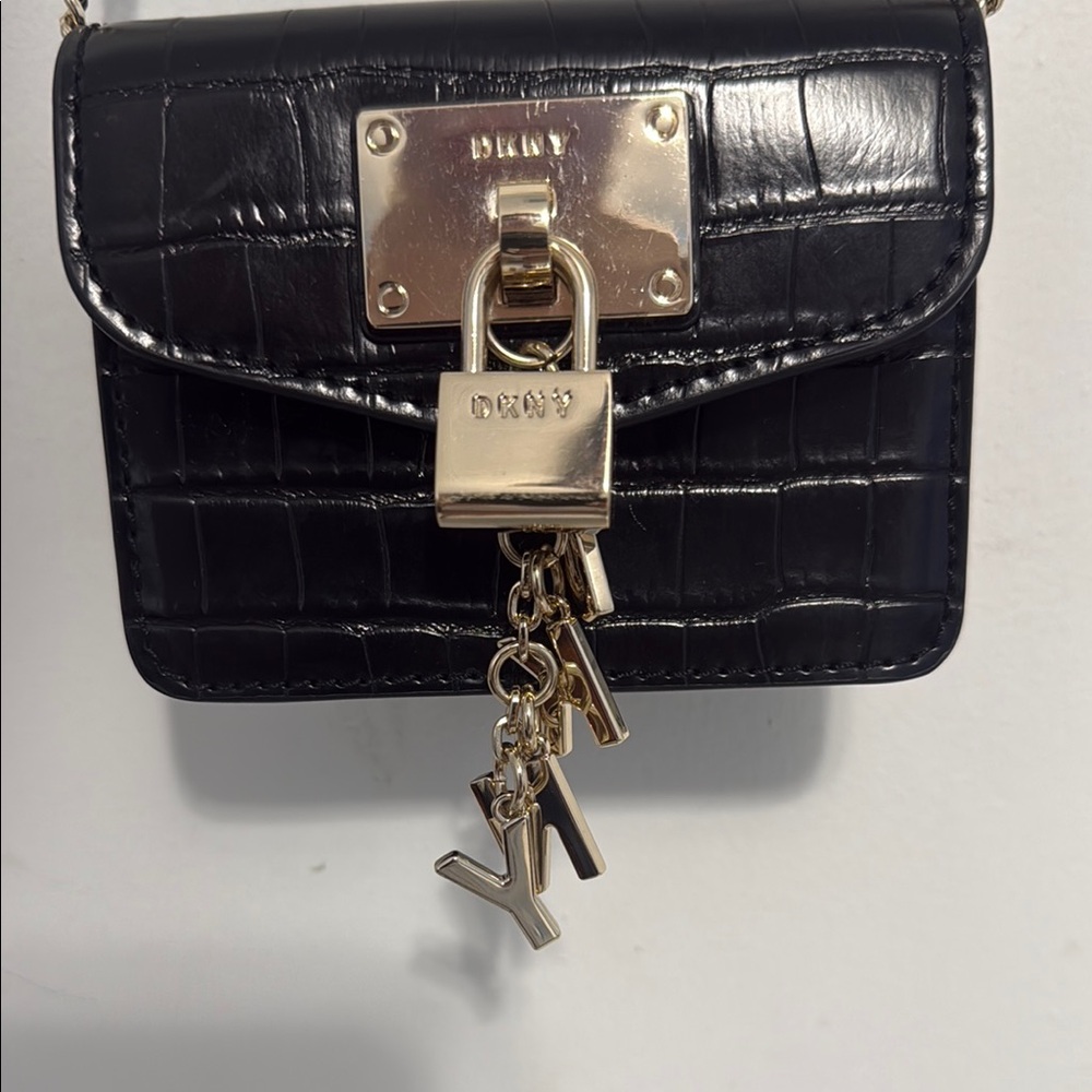 DKNY Black Croc-Embossed Mini Shoulder Bag with Gold Hardware